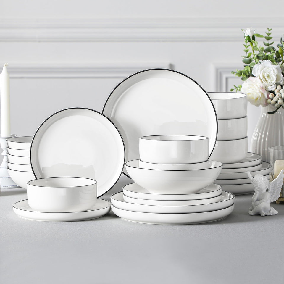 MALACASA Plates and Bowls Sets, 24 Pieces Modern Porcelain Dinnerware Set for 6 Ceramic Dishware Dishes White Kitchen Dinner Dining Ware Set wtih Black Rim Microwave and Dishwasher Safe, Series LUNA