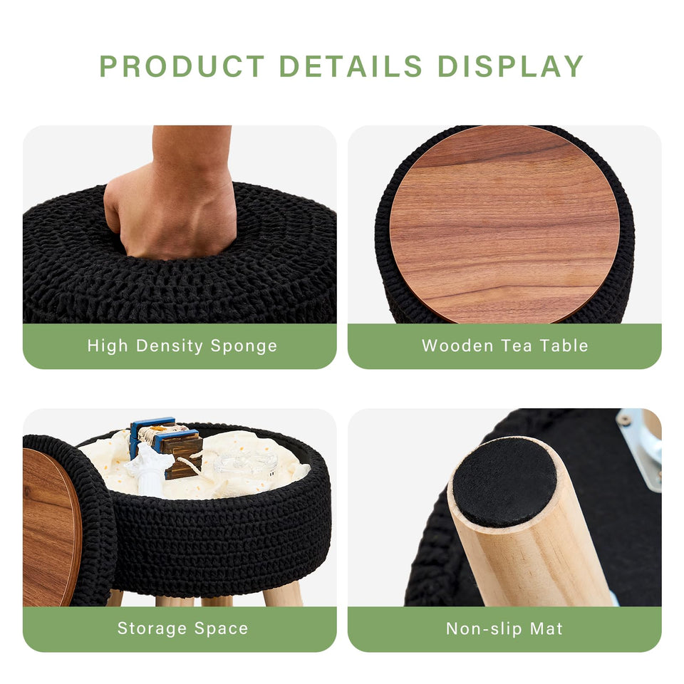 Wimarsbon Pouf Ottoman, 100% Cotton Knitted Boho Footstool, Round Footrest with Non-Skid Wood Legs, Home Décor Handmade Pouffe, Leisure Floor Step Stool for Living Room (Beige)