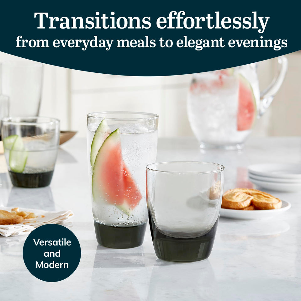 Libbey Ascent Tumbler and Rocks Drinking Glasses Set of 16, Glass Drinking Glasses with Curvature, Versatile Glassware Set for Parties and More