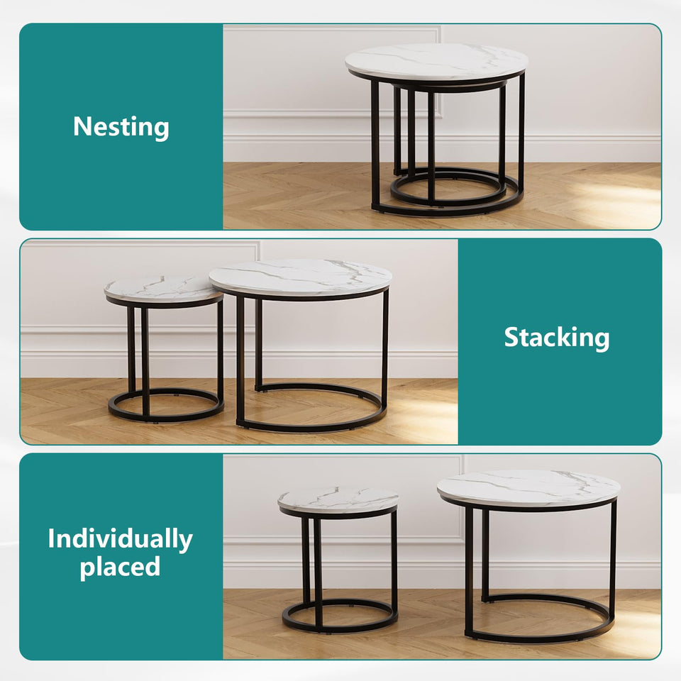 Smuxee Nesting Coffee Table Set of 2, 23.6" Round Coffee Table Wood Grain Top with Adjustable Non-Slip Feet, Industrial End Table Side Tables for Living Room Bedroom Balcony Yard