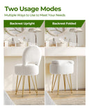 GREENSTELL Small Vanity Stool Chair with Storage and Folding Back, 13" x 13" x 17.7" Faux Fur Soft Ottoman for Teenager, 4 Metal Legs with Anti-Slip Feet, Furry Padded Seat for Makeup, Bedroom, White