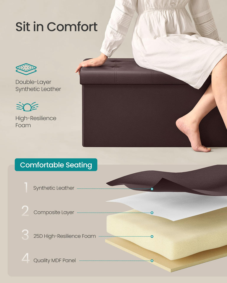 SONGMICS MAZIE Collection - 43 Inches Folding Storage Ottoman Bench, Ottoman with Storage, Foot Rest Stool, Load 660 lb, for Living Room, Synthetic Leather, Black ULSF701