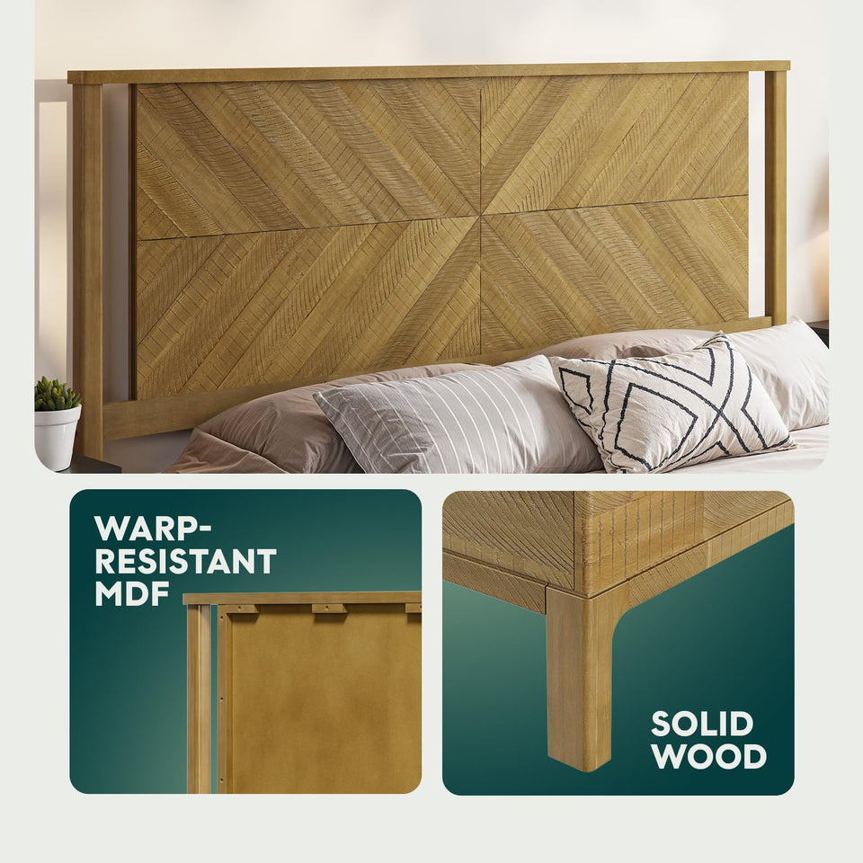 Bme Vivian 14 Inch Deluxe Bed Frame with Headboard, Rustic & Scandinavian Style with Solid Acacia Wood, No Box Spring Needed, 12 Strong Wood Slat Support, Easy Assembly, King, Rustic Golden Brown