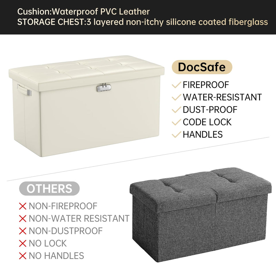 DocSafe Storage Ottoman with Lock,Fireproof Folding Ottoman Foot Rest Stool Storage Chest with Storage Safe for Important Documents,Waterproof 17 Inches Short Ottoman Foot Stool with Handles,Black