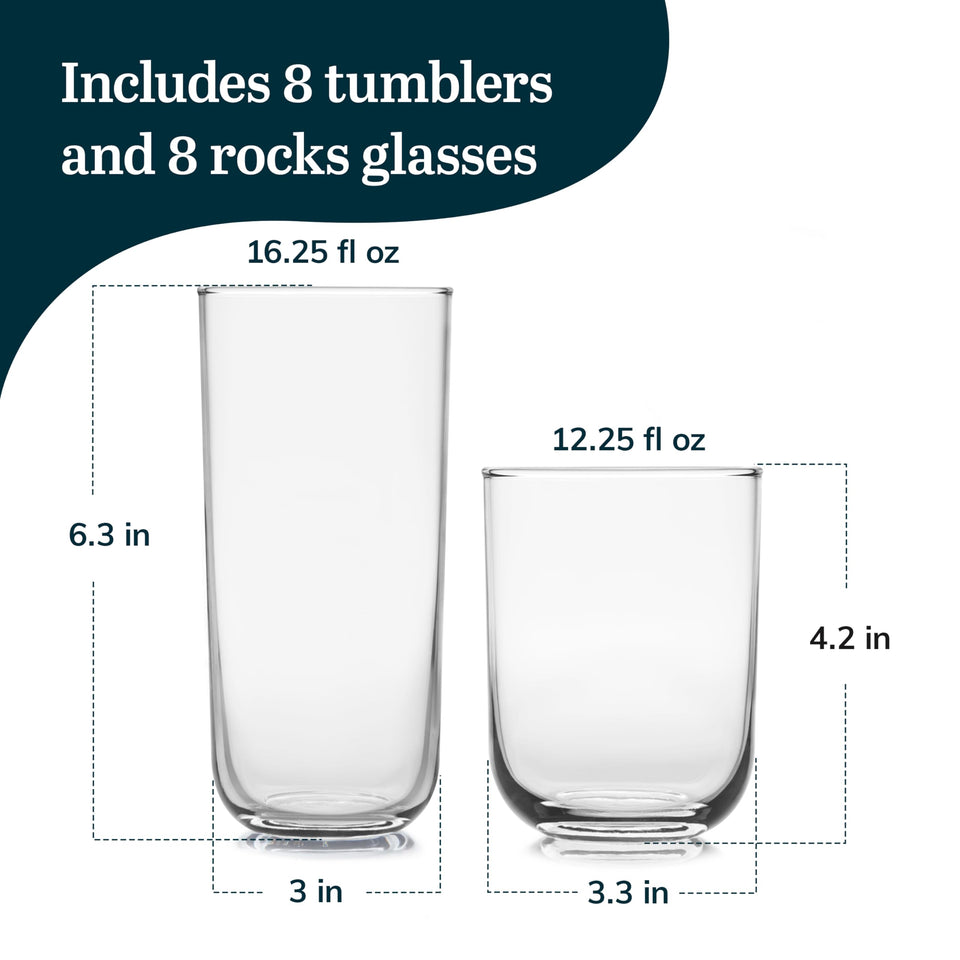 Libbey Ascent Tumbler and Rocks Drinking Glasses Set of 16, Glass Drinking Glasses with Curvature, Versatile Glassware Set for Parties and More