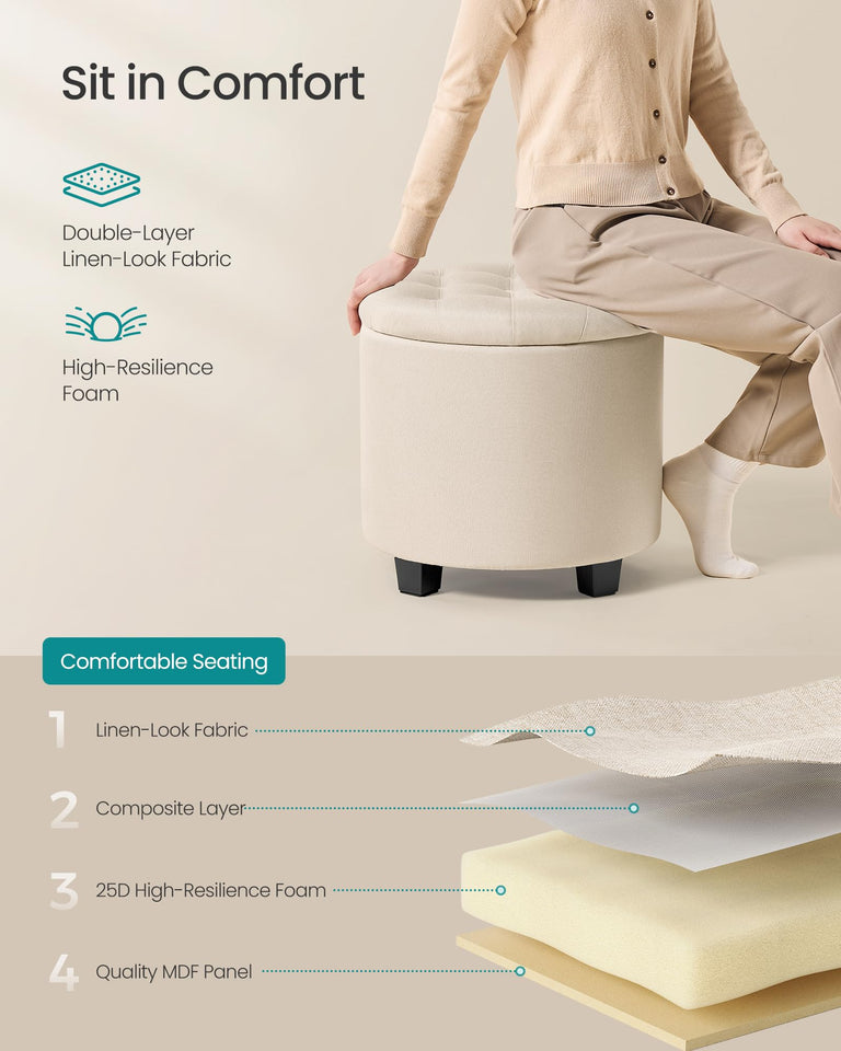 SONGMICS Round Ottoman, Ottoman with Storage, 17.7 Dia. x 17.5 H Inches Foot Rest with Legs, Load up to 330 lb, for Living Room, Bedroom, Dark Gray ULOM011G01