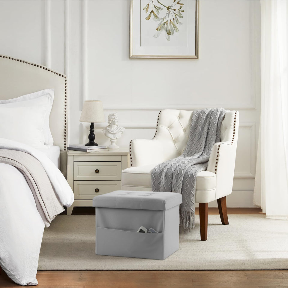 Bsketa Storage Ottoman, Folding Foot Stool with Thicker Foam Padded Seat Small Leather Storage Ottoman Bench Foot Rest for Living Room Foldable Coffee Table 17x13x13in,Black