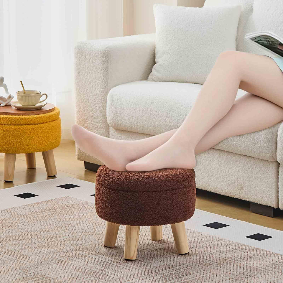 Wimarsbon Storage Ottoman, Modern Round Footrest with Soft Padded Seat, Teddy Velvet Footstool with Wood Legs, Accent Small Table or Plant Stand for Hallway, Living Room (Cream)