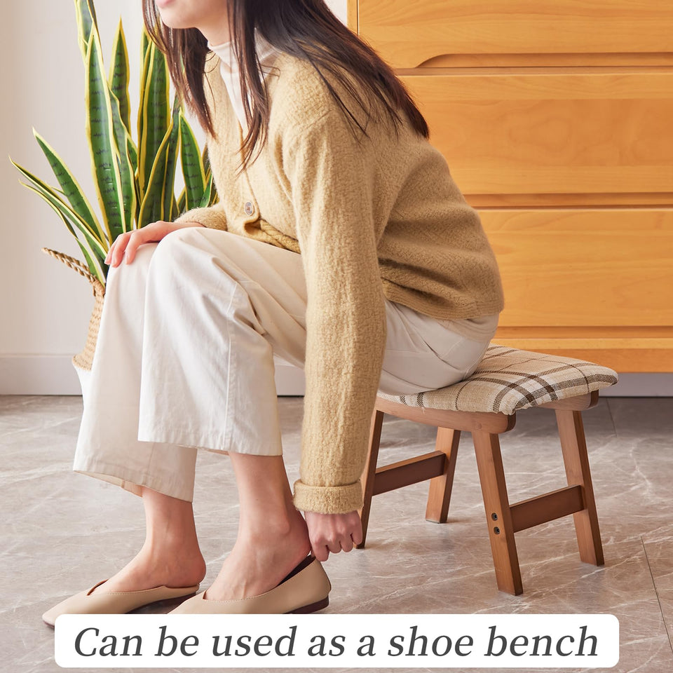 Foot Stool,Ottoman,Bamboo Small Sofa Foot Rest Under Desk,Extra Seating for Living Room, Bedroom and Kitchen(Brown Stool Legs - Beige Surface)