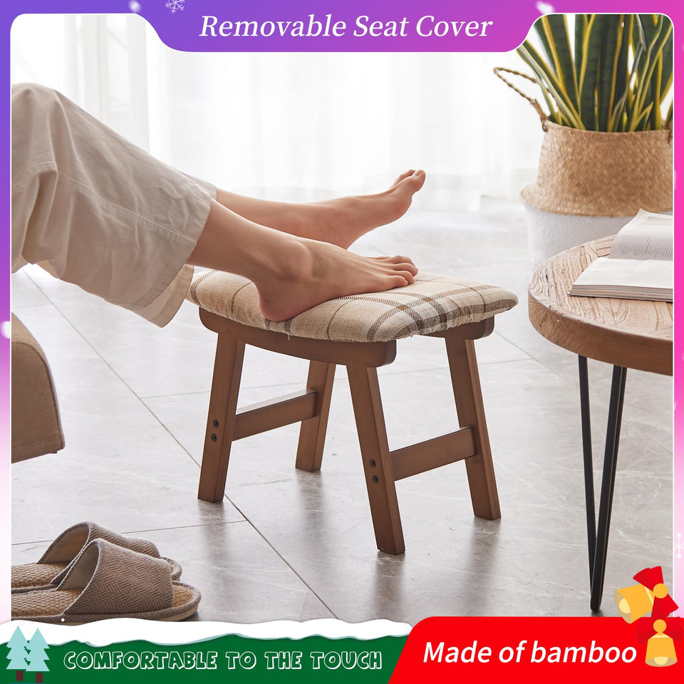 Foot Stool,Ottoman,Bamboo Small Sofa Foot Rest Under Desk,Extra Seating for Living Room, Bedroom and Kitchen(Brown Stool Legs - Beige Surface)