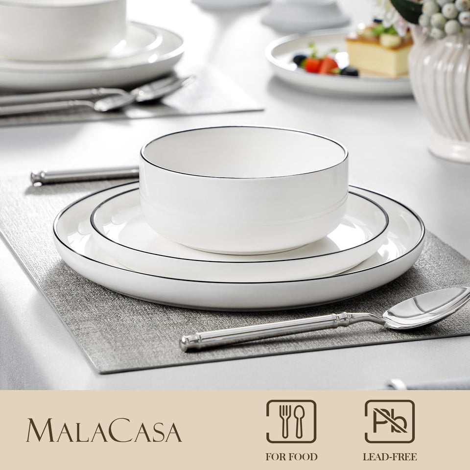 MALACASA Plates and Bowls Sets, 24 Pieces Modern Porcelain Dinnerware Set for 6 Ceramic Dishware Dishes White Kitchen Dinner Dining Ware Set wtih Black Rim Microwave and Dishwasher Safe, Series LUNA