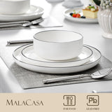 MALACASA Plates and Bowls Sets, 24 Pieces Modern Porcelain Dinnerware Set for 6 Ceramic Dishware Dishes White Kitchen Dinner Dining Ware Set wtih Black Rim Microwave and Dishwasher Safe, Series LUNA