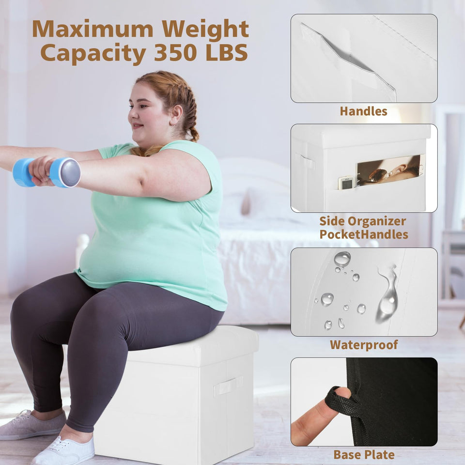 Storage Ottoman Foot Rest Stool, Foldable Leather Footstool Storage Bench with Thicker Foam Padded Seat. Foot Rest Under Desk for Living Room Bedroom 350 lbs, 17x13x13 in, Brown