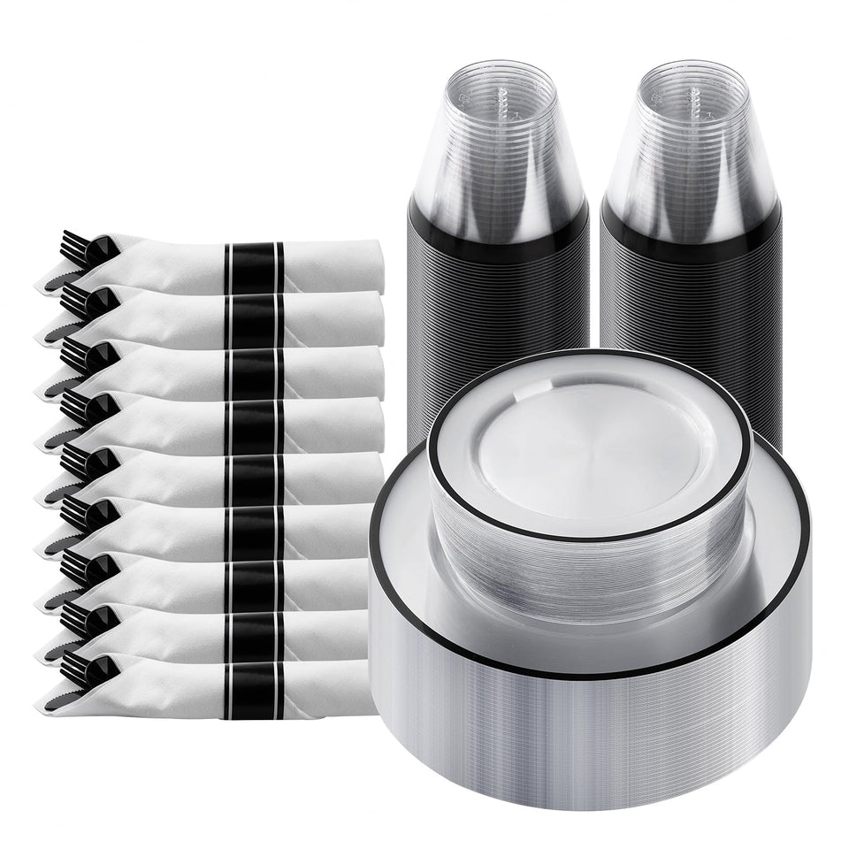 Goodluck 700 Piece Dark Blue Plastic Dinnerware Set for Party, Clear Disposable Plates for 100 Guests, Include: 100 Dinner Plates, 100 Dessert Plates, 100 Pre Rolled Napkins with Cutlery Set, 100 Cups