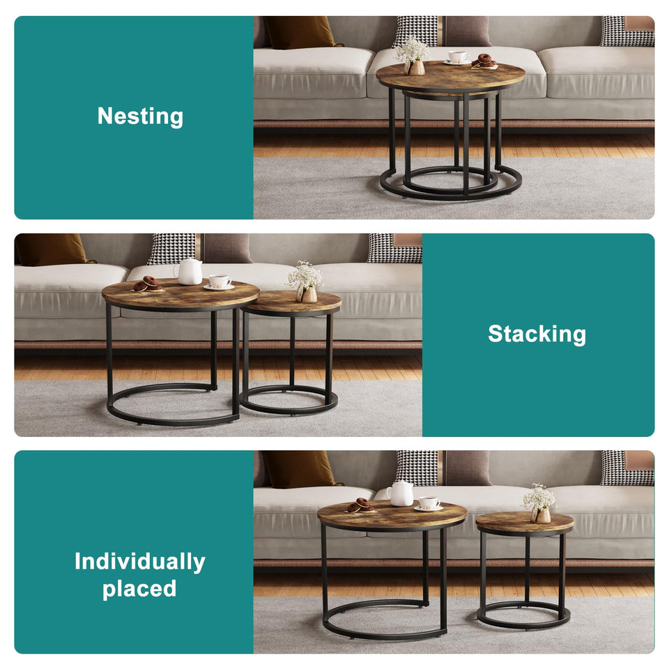 Smuxee Nesting Coffee Table Set of 2, 23.6" Round Coffee Table Wood Grain Top with Adjustable Non-Slip Feet, Industrial End Table Side Tables for Living Room Bedroom Balcony Yard