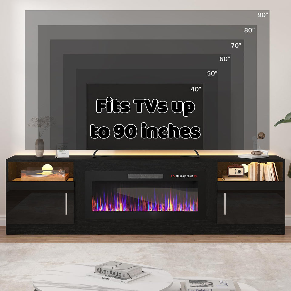 Lemberi Fireplace tv Stand with 36 inch Fireplace Up to 90" TVs, LED Light Entertainment Center and Storage, 80" Modern Wood Media TV Console with Highlight Cabinet for Living Room (White)
