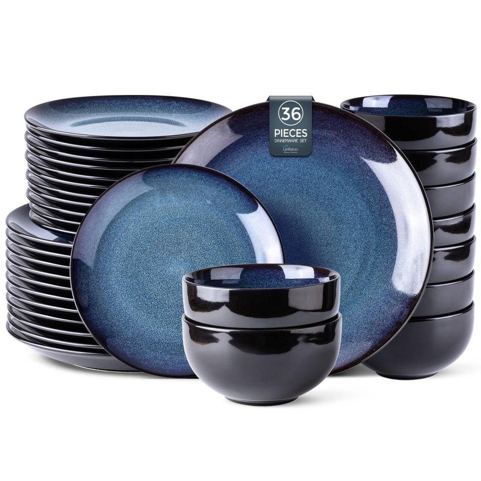 LeRatio Ceramic Dinnerware Sets for 6,Plates and Bowls Sets,Handmade Reactive Glaze Dishes Set,Chip Resistant and Scratch Resistant | Oven&Dishwasher & Microwave Safe-Blue(18PCS)