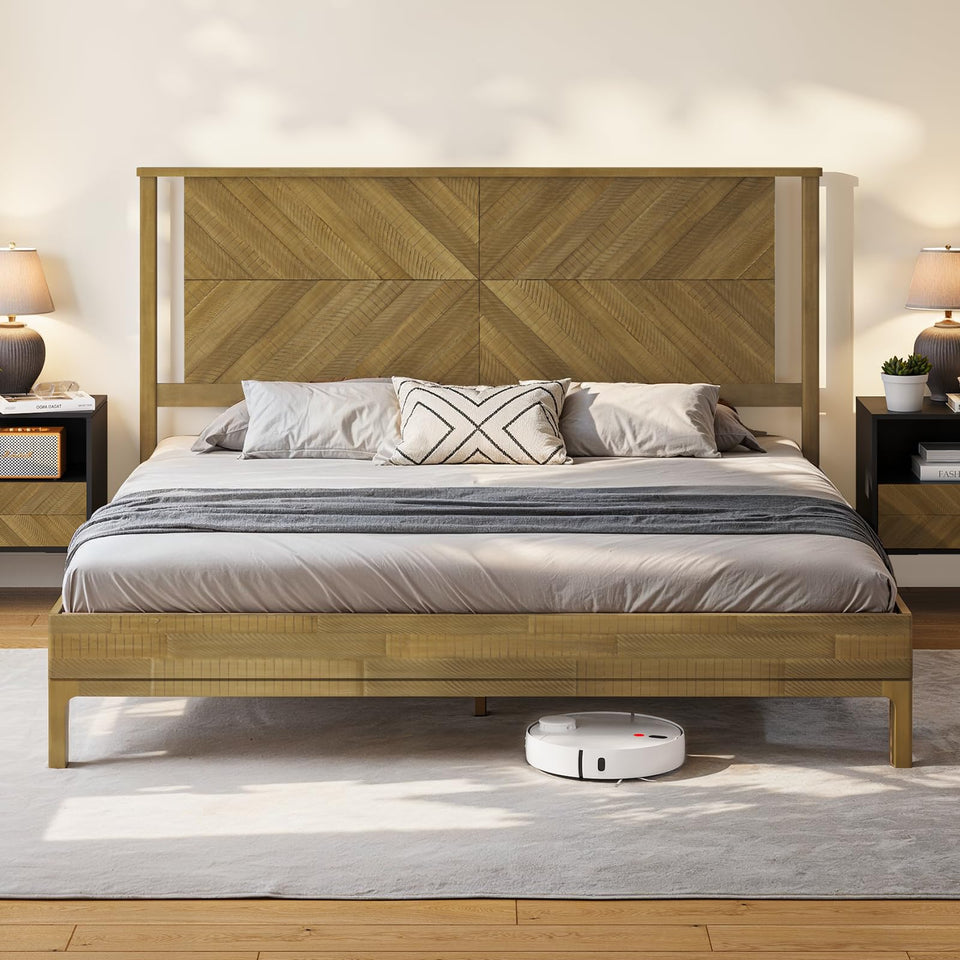 Bme Vivian 14 Inch Deluxe Bed Frame with Headboard, Rustic & Scandinavian Style with Solid Acacia Wood, No Box Spring Needed, 12 Strong Wood Slat Support, Easy Assembly, King, Rustic Golden Brown