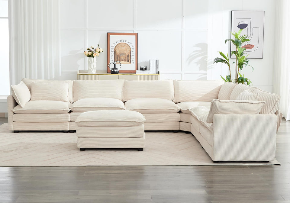 ROWHY 150'' Modular Sectional Sofa Cloud Couch, Corner Sofa Big Comfy Corduroy Oversized L Shaped Couch with 4 Pillows, Chaise, Ottoman, Deep Seat Couches for Living Room Office, Dark Grey