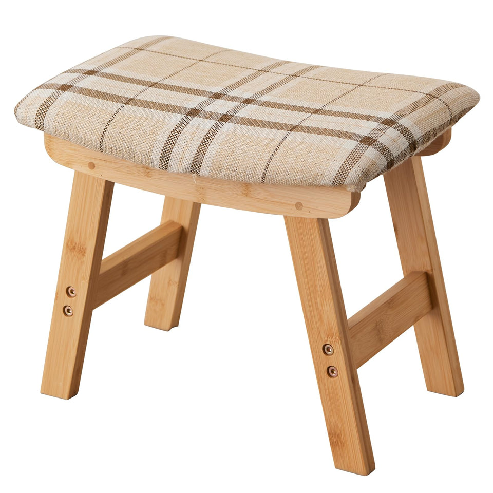 Foot Stool,Ottoman,Bamboo Small Sofa Foot Rest Under Desk,Extra Seating for Living Room, Bedroom and Kitchen(Brown Stool Legs - Beige Surface)