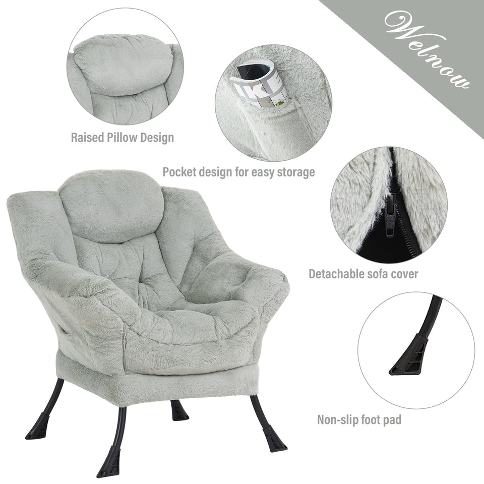 Welnow Lazy Chair with Ottoman, Modern Lounge Accent Chair with Armrests and a Side Pocket, Leisure Sofa Armchair, Reading Armchair with Footrest for Small Space, Dark Grey