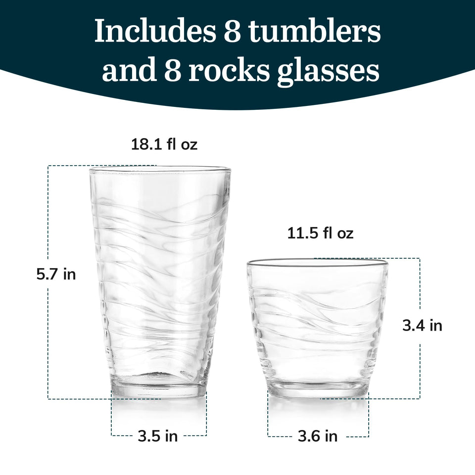 Libbey Ascent Tumbler and Rocks Drinking Glasses Set of 16, Glass Drinking Glasses with Curvature, Versatile Glassware Set for Parties and More