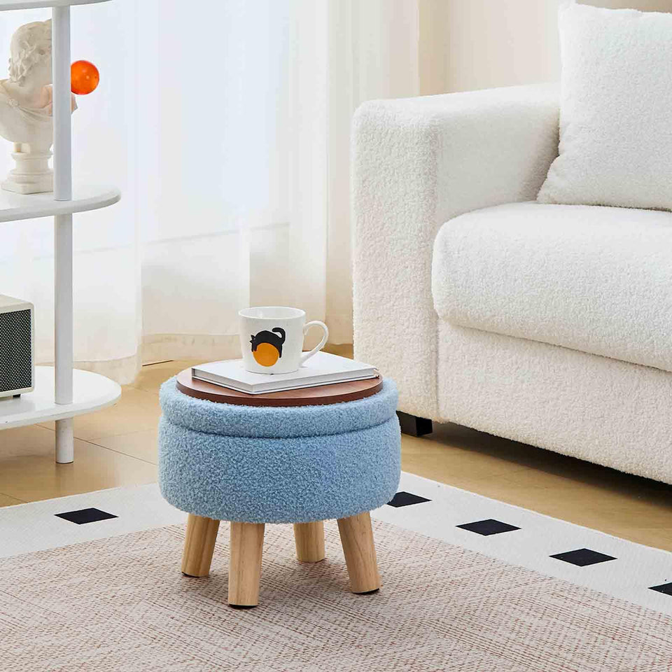 Wimarsbon Storage Ottoman, Modern Round Footrest with Soft Padded Seat, Teddy Velvet Footstool with Wood Legs, Accent Small Table or Plant Stand for Hallway, Living Room (Cream)