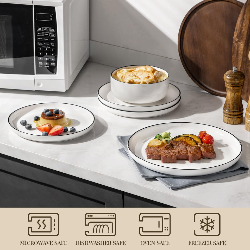 MALACASA Plates and Bowls Sets, 24 Pieces Modern Porcelain Dinnerware Set for 6 Ceramic Dishware Dishes White Kitchen Dinner Dining Ware Set wtih Black Rim Microwave and Dishwasher Safe, Series LUNA