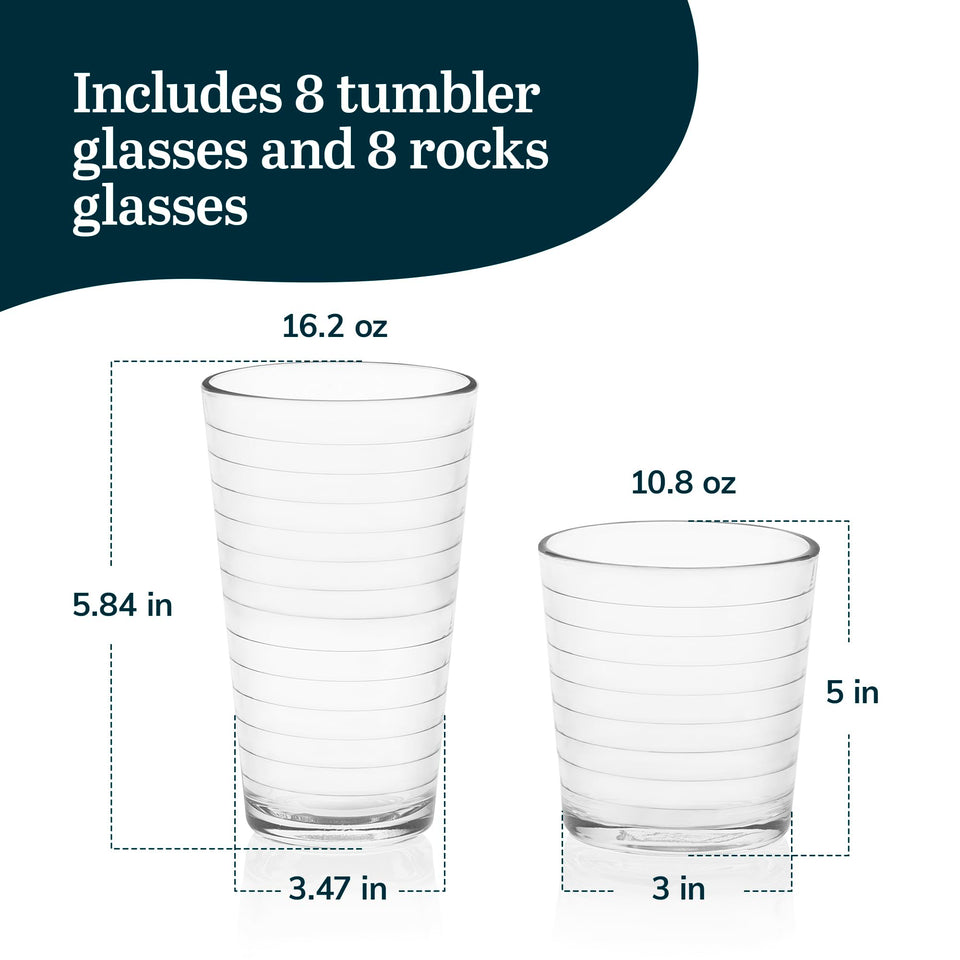 Libbey Ascent Tumbler and Rocks Drinking Glasses Set of 16, Glass Drinking Glasses with Curvature, Versatile Glassware Set for Parties and More