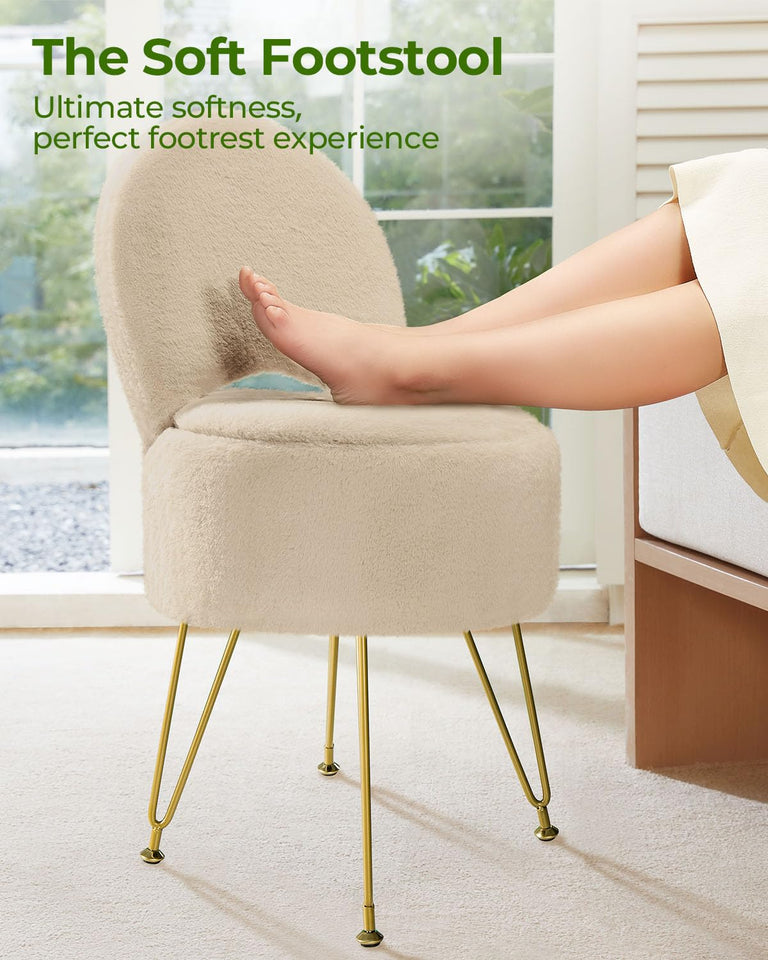 GREENSTELL Small Vanity Stool Chair with Storage and Folding Back, 13" x 13" x 17.7" Faux Fur Soft Ottoman for Teenager, 4 Metal Legs with Anti-Slip Feet, Furry Padded Seat for Makeup, Bedroom, White