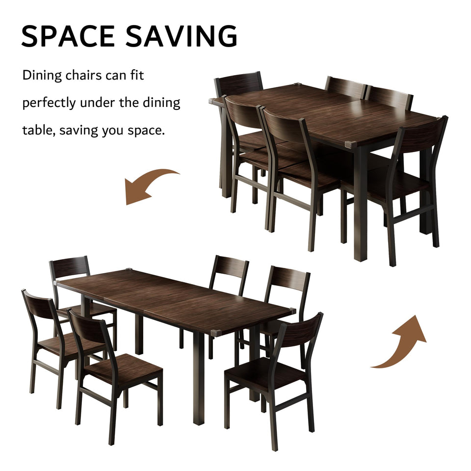 iPormis 7-Piece Dining Table Set with 6 Chairs, 63" Extendable Kitchen Table & Chairs Set for 4-6, Dining RoomTable with Solid Metal Frame & MDF Board, Perfect for Small Space, Easy Assembly, Walnut