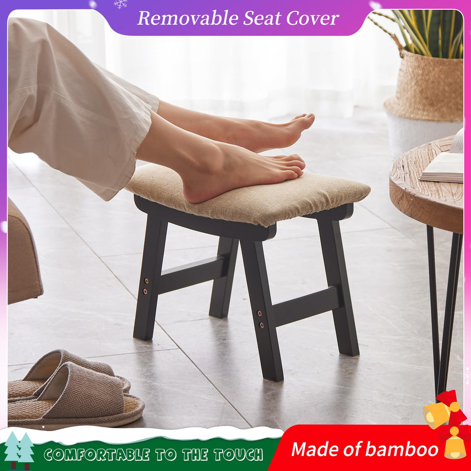 Foot Stool,Ottoman,Bamboo Small Sofa Foot Rest Under Desk,Extra Seating for Living Room, Bedroom and Kitchen(Brown Stool Legs - Beige Surface)