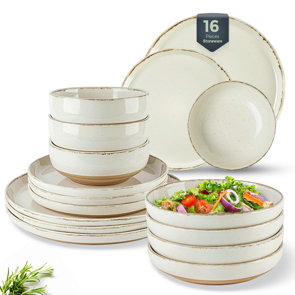 AmorArc Ceramic Dinnerware Sets for 8, 24 Pieces Handpainted Plates and Bowls Set with Rustic Terracotta Underside, Scratch Resistant Stoneware Dishes Set, Dishwasher & Microwave Safe, Light Beige