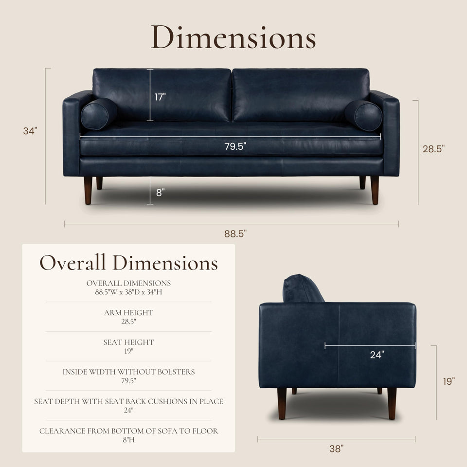 POLY & BARK Napa 72" Apartment Sofa – Italian-Tanned Full-Grain Pure-Aniline or Semi-Aniline Leather, Feather-Down Cushioning, Kiln-Dried Solid Wood Frame, Walnut Legs - Cognac Tan