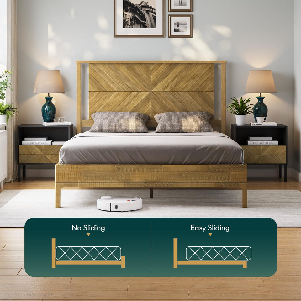 Bme Vivian 14 Inch Deluxe Bed Frame with Headboard, Rustic & Scandinavian Style with Solid Acacia Wood, No Box Spring Needed, 12 Strong Wood Slat Support, Easy Assembly, King, Rustic Golden Brown