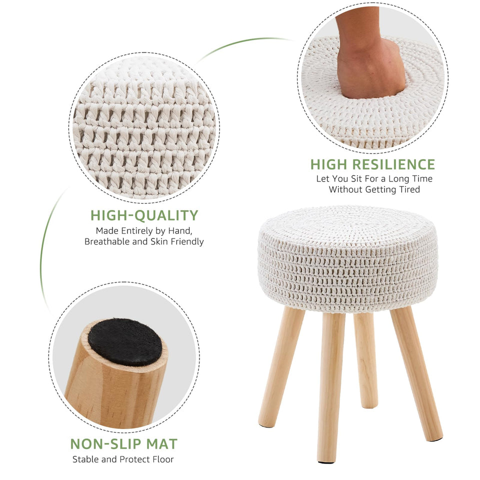 Wimarsbon Pouf Ottoman, 100% Cotton Knitted Boho Footstool, Round Footrest with Non-Skid Wood Legs, Home Décor Handmade Pouffe, Leisure Floor Step Stool for Living Room (Beige)