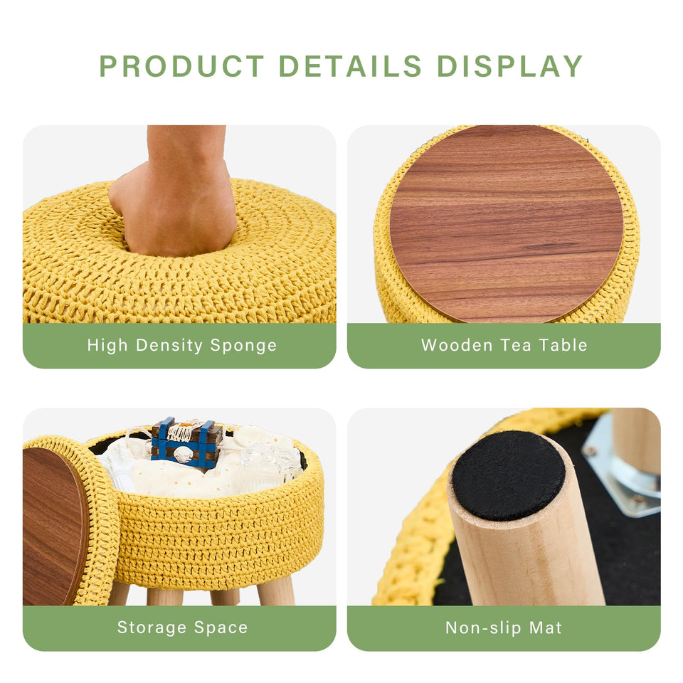 Wimarsbon Pouf Ottoman, 100% Cotton Knitted Boho Footstool, Round Footrest with Non-Skid Wood Legs, Home Décor Handmade Pouffe, Leisure Floor Step Stool for Living Room (Beige)