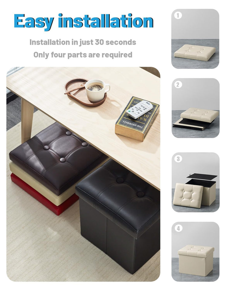 AmasSmile Storage Ottoman Folding Foot Rest Stool, Leather Footstool Bench, Short Ottoman Stool, Storage Foot Rest Store, Books (Black, 17" D x 13" W x 13" H)