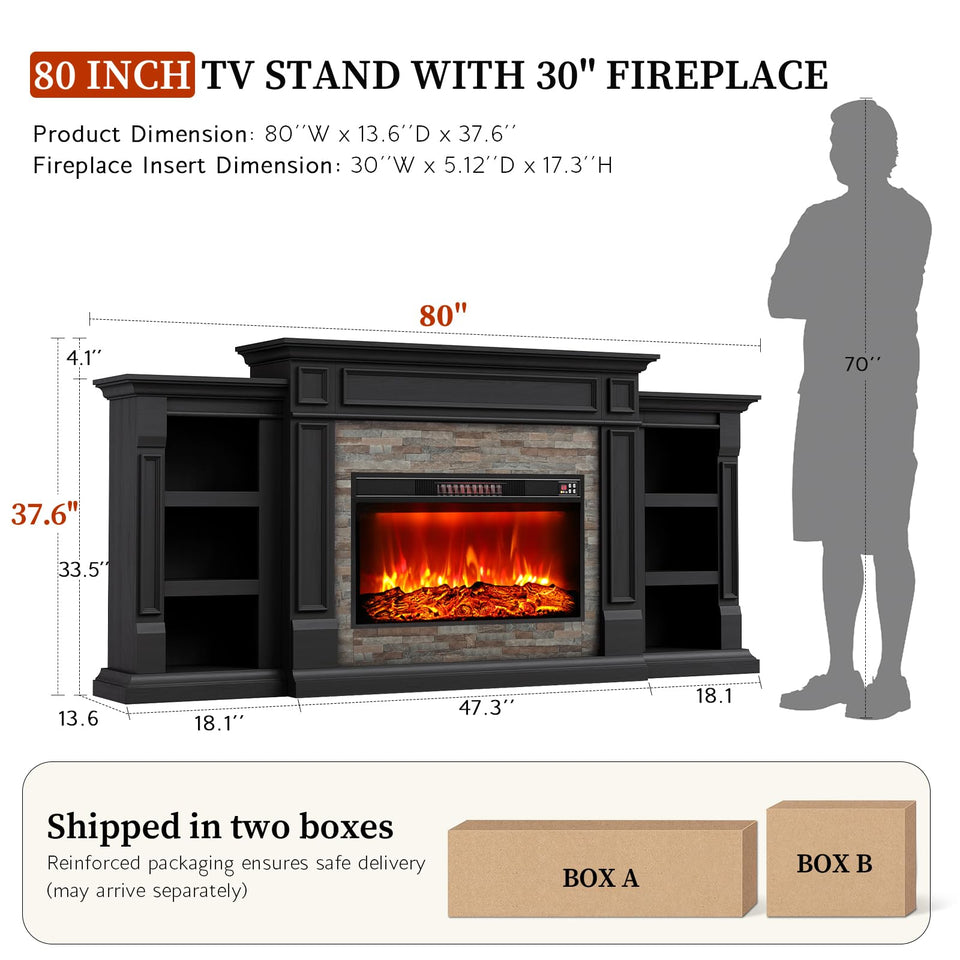 80" Fireplace TV Stand for TVs Up to 90 Inch, Electric Fireplace with Mantel, Farmhouse Entertainment Center with Storage, Realistic Stacked Stone Surround with Remote Control for Living Room