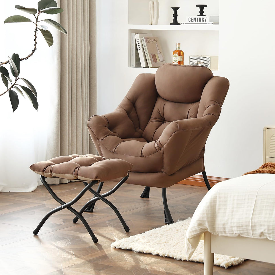 Welnow Lazy Chair with Ottoman, Modern Lounge Accent Chair with Armrests and a Side Pocket, Leisure Sofa Armchair, Reading Armchair with Footrest for Small Space, Dark Grey