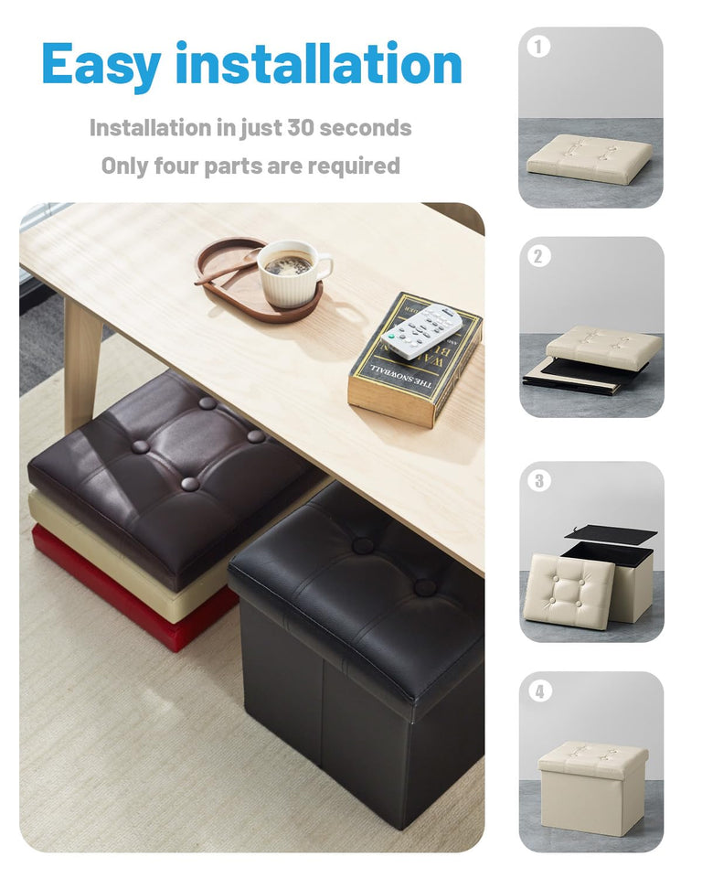 AmasSmile Storage Ottoman Folding Foot Rest Stool, Leather Footstool Bench, Short Ottoman Stool, Storage Foot Rest Store, Books (Black, 17" D x 13" W x 13" H)