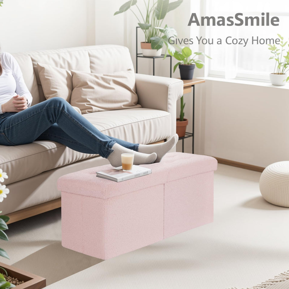 AmasSmile Footrest Ottoman Bench with Storage,34Inch Black Leather Footstool, Coffee Table, Padded Seat, Storage Chest,Blanket Store with Flipping Lid for Livingroom and Bedroom