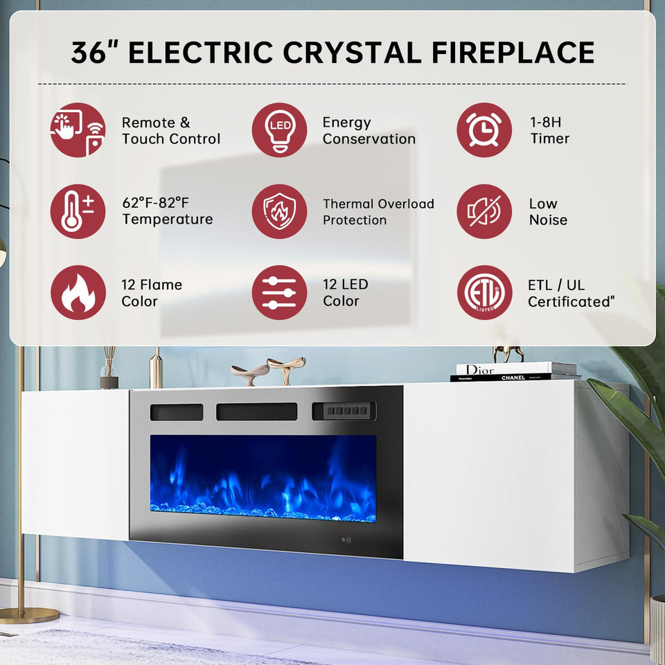 oneinmil 70" Floating TV Stand with 36" Electric Fireplace, Wall Mounted Fireplace Entertainment Center with Storage, Fire Place TV Console for Living Room, All Black