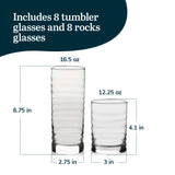 Libbey Ascent Tumbler and Rocks Drinking Glasses Set of 16, Glass Drinking Glasses with Curvature, Versatile Glassware Set for Parties and More