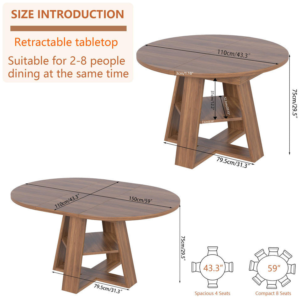 43.3in-59in Extendable Round Dining Table for 4-8,Modern Kitchen Oval Dining Table with Removable Leaves Space Saving,Wood Base with Storage Shelf for Kitchen Living Room (Walnut)