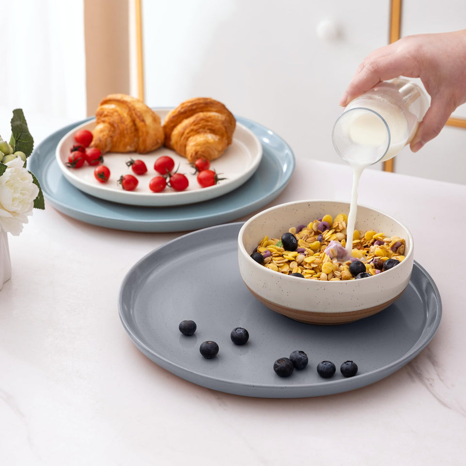 AmorArc Ceramic Dinnerware Sets for 8, 24 Pieces Handpainted Plates and Bowls Set with Rustic Terracotta Underside, Scratch Resistant Stoneware Dishes Set, Dishwasher & Microwave Safe, Light Beige