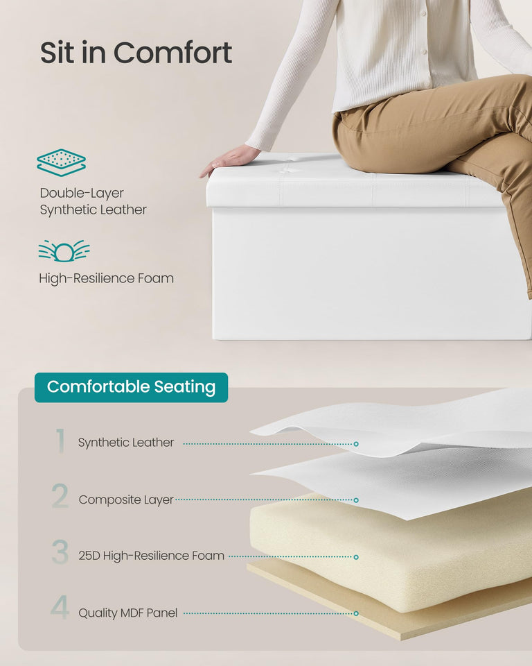 SONGMICS MAZIE Collection - 43 Inches Folding Storage Ottoman Bench, Ottoman with Storage, Foot Rest Stool, Load 660 lb, for Living Room, Synthetic Leather, Black ULSF701