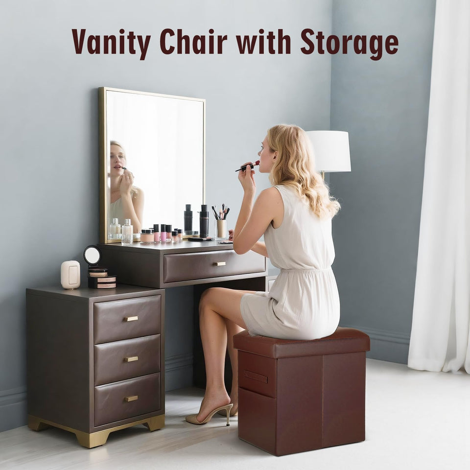 Storage Ottoman Foot Rest Stool, Foldable Leather Footstool Storage Bench with Thicker Foam Padded Seat. Foot Rest Under Desk for Living Room Bedroom 350 lbs, 17x13x13 in, Brown