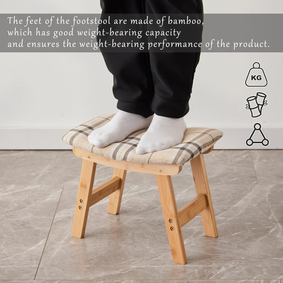 Foot Stool,Ottoman,Bamboo Small Sofa Foot Rest Under Desk,Extra Seating for Living Room, Bedroom and Kitchen(Brown Stool Legs - Beige Surface)