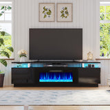 AMERLIFE Fireplace TV Stand with 36" Fireplace, 70" Modern High Gloss Fireplace Entertainment Center LED Lights, 2 Tier TV Console Cabinet for TVs Up to 80", Obsidian Black